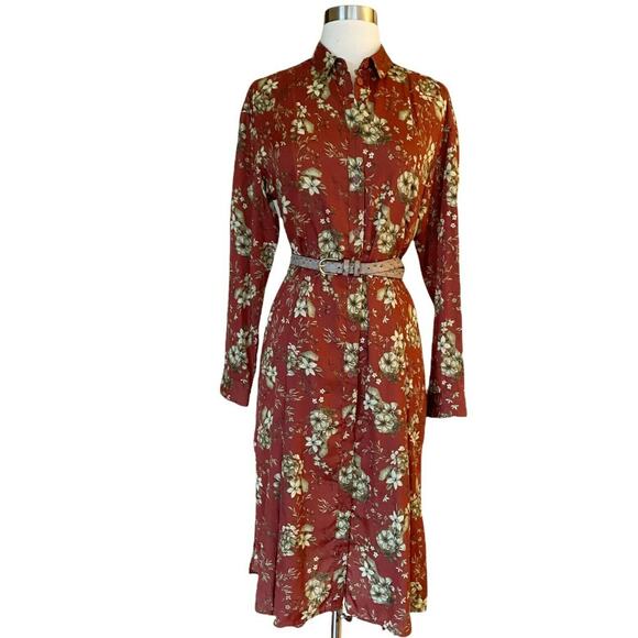 MOUSSY Shirt Dress Button Down Floral Burnt Orange Brown Long Sleeve Midi M EUC - Picture 9 of 11